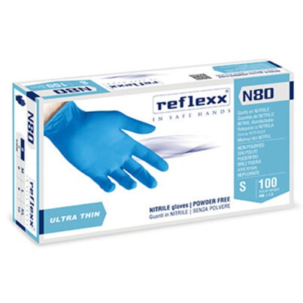 Manusi nitril albastre nepudrate, Reflexx N80 0.06 grosime, extra rezistente, 24cm lungime, 100 manusi / cutie