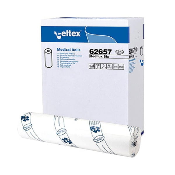 Rola medicala Medilux, cearsaf de hartie alb, 100% celuloza, 2 straturi, 59.5c x 38 cm, 50ml, 9 role/bax, Celtex 62657