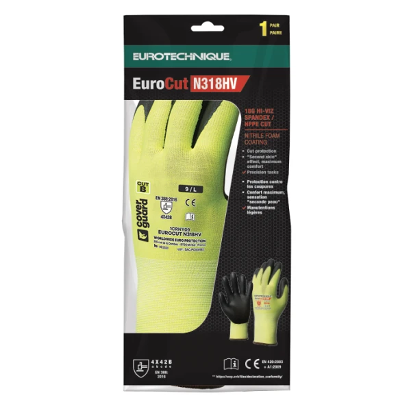 Manusi de protectie cu rezistenta la taiere 3/B, Hi-Viz, EUROCUT N318HV, galben fluorescent, cu imersie micro-spuma de nitril pe palma, Coverguard