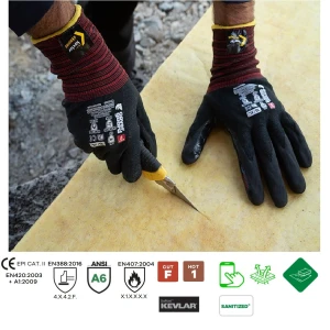 Manusi de protectie cu rezistenta la taiere F, protectie la temperatura 100°C pentru 15 sec, EUROCUT N606, negre, imersie spuma de nitril, aderenta in mediu uscat, usor uleios, subtiri, flexibile, compatibile cu dispozitive touchscreen