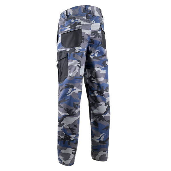 Pantaloni de lucru albastri,KAMMO, imprimeu camuflaj, rezistenti, cusaturi triple, spate inaltat, zone intarite, tiv suplimentar 5 cm, Coverguard