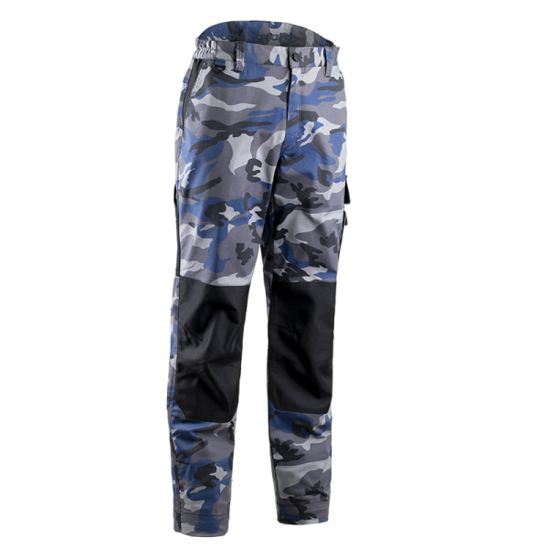 Pantaloni de lucru albastri,KAMMO, imprimeu camuflaj, rezistenti, cusaturi triple, spate inaltat, zone intarite, tiv suplimentar 5 cm, Coverguard