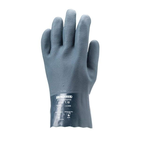 Manusi de protectie chimica, din PVC verde, EUROCHEM 3720, 27 cm, imersate pe palma pentru aderenta mai buna,  rezistenta la acizi, baze si uleiuri, protectie impotriva microorganismelor, Coverguard