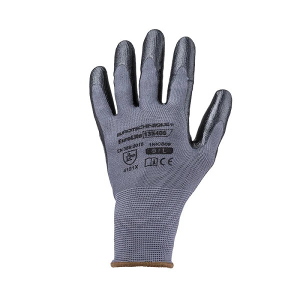 Manusi de protectie EUROLITE 13N400, gri/negru, din poliester, imersate in nitril pe palma cu dexteritate, aderenta si precizie ridicata