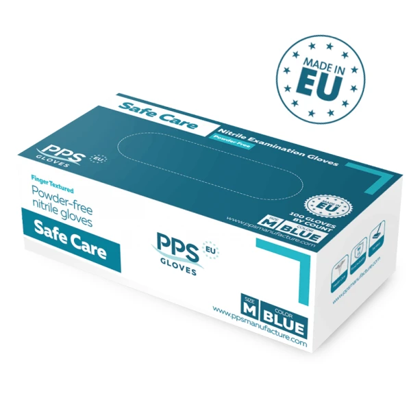 Manusi nitril de unica folosinta Safe Care albastre nepudrate, 0,07mm, 100 buc/cutie, produse in UE