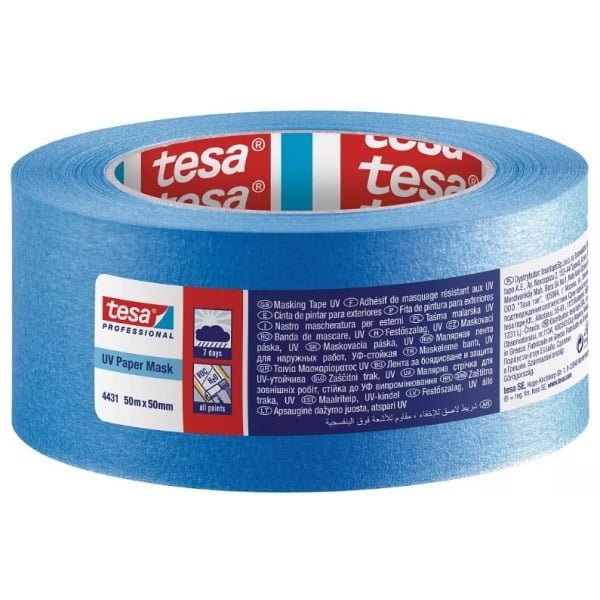 Banda de mascare tesa® 4431 UV, din hartie, albastra, latime 50mm, lungime 50m, pentru vopsire in exterior