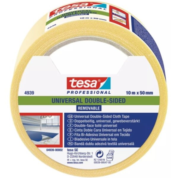Banda dublu adeziva tesa® 4939, 50mm x 10m, pentru lipirea/montarea temporara a mochetelor si covoarelor la targuri, expoziții, convenții și lucrari de renovare