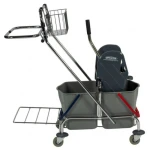Carucior de curatenie cu cadru metalic, cromat si 2 galeti , 2x17L, cu suport sac, storcator mop, cos pentru detergenti si roti din cauciuc-01