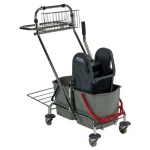 Carucior de curatenie cu cadru metalic, cromat si 2 galeti , 2x17L, cu suport sac, storcator mop, cos pentru detergenti si roti din cauciuc-02