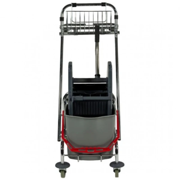 Carucior de curatenie cu cadru metalic, cromat si 2 galeti , 2x17L, cu suport sac, storcator mop, cos pentru detergenti si roti din cauciuc