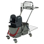 Carucior de curatenie cu cadru metalic, cromat si 2 galeti , 2x17L, cu suport sac, storcator mop, cos pentru detergenti si roti din cauciuc-04