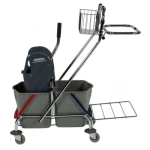 Carucior de curatenie cu cadru metalic, cromat si 2 galeti , 2x17L, cu suport sac, storcator mop, cos pentru detergenti si roti din cauciuc-05