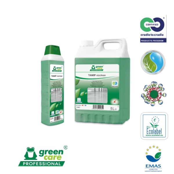 Detergent ecologic concentrat Tawip Vioclean, Green Care, 5Litri, pentru pardoseli, din PVC, linoleum, cauciuc, piatră, lemn, cu efect antistatic, antialunecare, certificat Ecolabel, Cradle-to-Cradle, Biodegradabil, CLP free