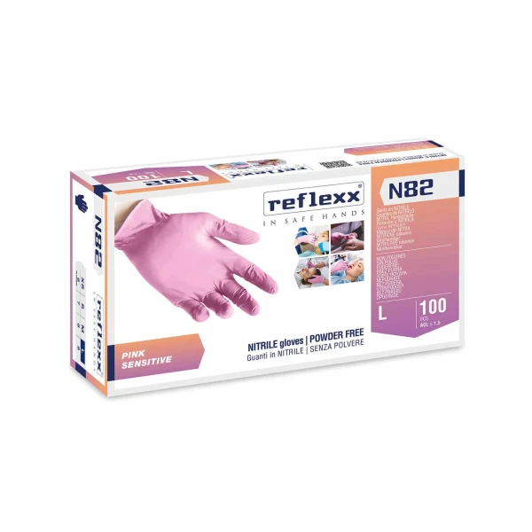 Manusi nitril de unica folosinta, roz, nepudrate, grosime 0.06 mm, Reflexx N82, 100 manusi / cutie