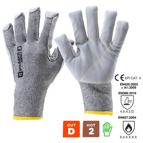 Manusi de protectie anti-taiere nivel D, rezistenta la temperatura 250°C pentru 15 secunde, EUROCUT STRONG 100, gri, palma intarita cu piele, cusaturi din aramida, rezistenta la uzura