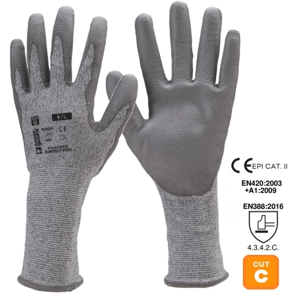 Manusi de protectie cu rezistenta la taiere C si manseta lunga 10cm, EUROCUT P330, imersate in poliuretan (PU) pe palma, rezistenta ridicata la abraziune, aderenta in mediu uscat,Coverguard