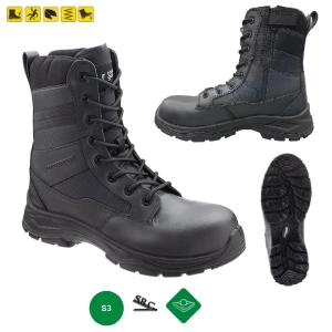 Bocanci de protectie S3, SRC, Rangers Black Star, negri, din piele si material Oxford rezistent, bombeu compozit, flexibili, usori, talpa PU moale, bocanci pentru paza si interventii
