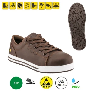Pantofi de protectie S1P, SRC, ESD, Boulder, model sport, maro, bombeu compozit, piele integrala impermeabila, talpa din spuma Eva si cauciuc nitrilic, confort si stil