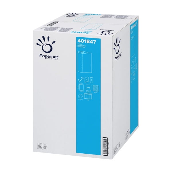 Rola medicala alba Papernet 401847, 2 straturi celuloza pura, 50m, 59 cm latime, lungime portie 35 cm, 143 portii/rola, 9 role/bax, pentru domeniul medical, cosmetic