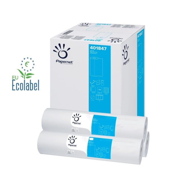 Rola medicala alba Papernet 401847, 2 straturi celuloza pura, 50m, 59 cm latime, lungime portie 35 cm, 143 portii/rola, 9 role/bax, pentru domeniul medical, cosmetic