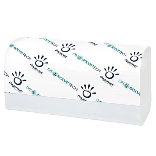 Prosoape de hartie pliate V, Dissolve Tech, Papernet 411169, albe, 21x22cm, 2 straturi, certificate Ecolabel, FSC, 210 servetele / pachet, 15 pachete / bax