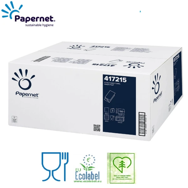 Prosoape de hartie pliate V Papernet 417215, celuloza pura, 2 straturi, alb, 21 x 24cm, certificate  Ecolabel, Food Contact, 150 servetele/pachet, 20 pachete/bax