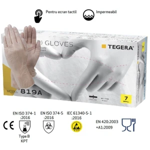 Manusi de vinil, nepudrate, de unica folosinta, Tegera 819A, 0,08 mm, fara latex, certificate ESD si folosire in industria alimentara, EN ISO 374, 100 buc/cutie