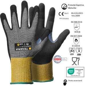 Manusi de protectie anti-taiere nivel B, Tegera 8805, imersate in spuma de nitril, intarite intre degetul mare si aratator, pentru manipulari ușoare, protectie termica maxim 100°C, certificate Food Contact