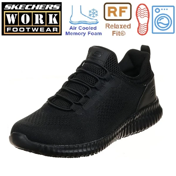 Pantofi ocupationali OB FO, SRC,  pentru barbati, SKECHERS Cessnock SR, negri, Relaxed Fit - constructie larga, brant Cooled Air Memory Foam si talpa groasa, anti-alunecare