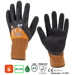 Manusi de protectie Hi-VIZ, cu rezistenta la taiere D, Eurocut L400, negru-portocaliu, dubla imersie de latex, aderenta in mediu uscat, ud, uleios, flexibile, forma ergonomica
