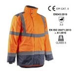 CG5KAP170_Jacheta impermeabila HI-Viz, de ploaie si vant, Kazan, portocaliu-albastru, benzi reflectorizante impermeabilitate 8000 mm, respirabilitate 5000 g_m²_24h_fata
