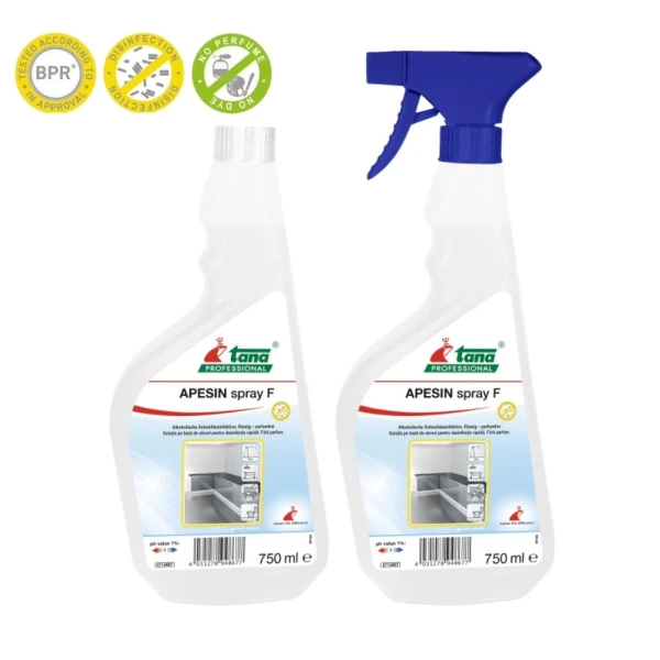 Dezinfectant rapid pentru suprafete, ce nu necesita clatire, APESIN Spray F, 750ml, pe baza de alcool, fara parfum, pentru domeniul sanitar, alimentar, industrial si institutional