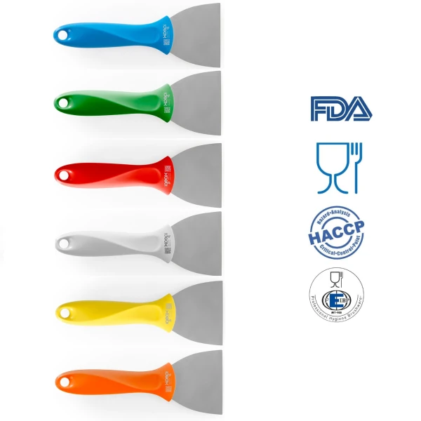 Scraper / Racleta cu lama din otel inoxidabil,  75 mm, cu maner galben din plastic, rezistent pana la 121° C, pentru industria alimentara, certificata HACCP, FDA