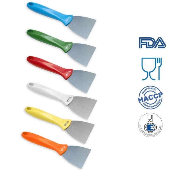 Scraper / Racleta cu lama din otel inoxidabil,  75 mm, cu maner galben din plastic, rezistent pana la 121° C, pentru industria alimentara, certificata HACCP, FDA