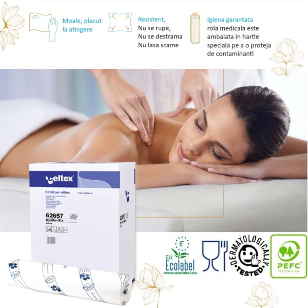 Rola medicala Medilux, cearsaf de hartie alb, 100% celuloza, 2 straturi, 59.5c x 38 cm, 50ml, 9 role/bax, Celtex 62657