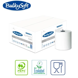 Rola prosop de hartie autocut Bulkysoft System 98901, 3 straturi, alba,  100m,  6 role / bax, certificare PEFC, ECOLABEL, Food Contact