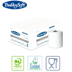 Rola prosop de hartie autocut Bulkysoft 98920, 2 straturi, alba,  150m,  6 role / bax, certificare PEFC, ECOLABEL, Food Contact