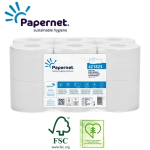 Hartie igienica derulare centrala, Papernet 421823, alba, 2 straturi, 112 m, 448 portii, latime 10.75 cm, 12 role/bax, certificata FSC