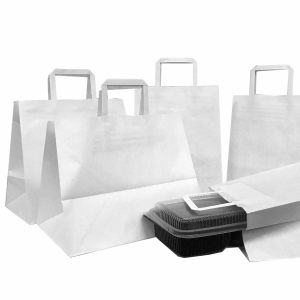 Punga hartie alba, delivery, cu maner plat, take away, 3 dimensiuni - 32x17x38cm - 250 BUCATA.